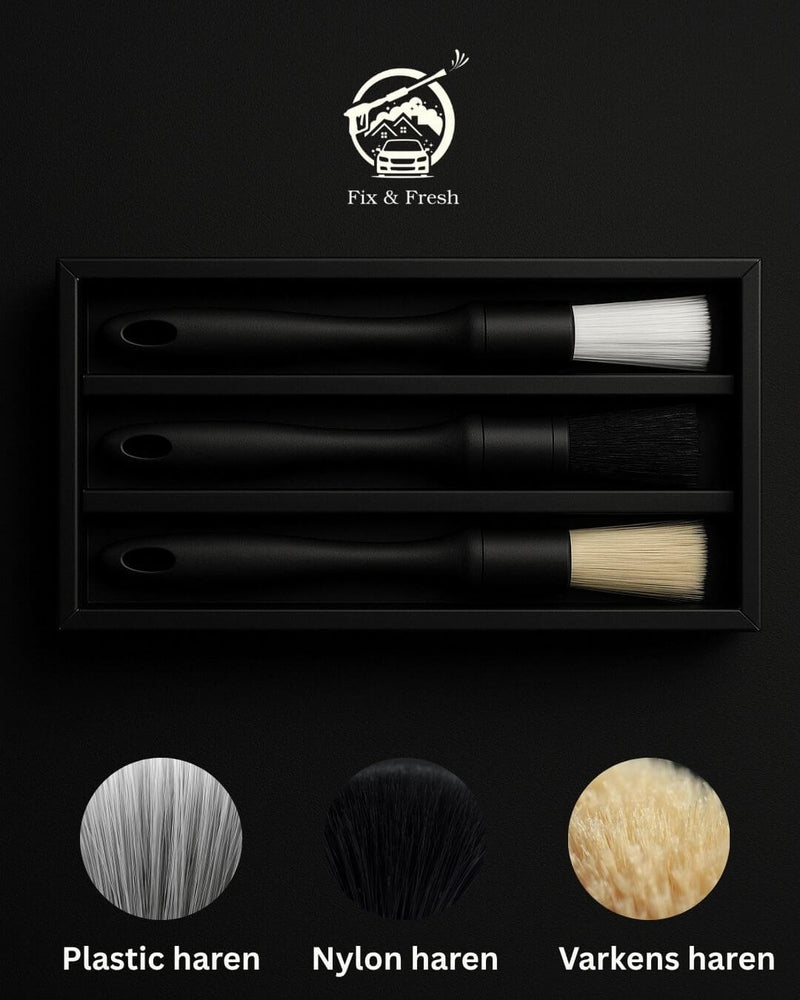 "3-delige kwastenset voor autoreiniging met borstels van nylon, plastic en varkenshaar – ideaal voor interieur en exterieur detailing"